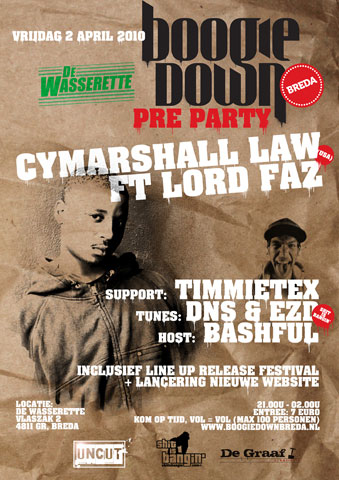 hiphop organisatie boogiedown breda maakt op 2 april 2010 festival line-up bekendboogie down pre party cymarshall law