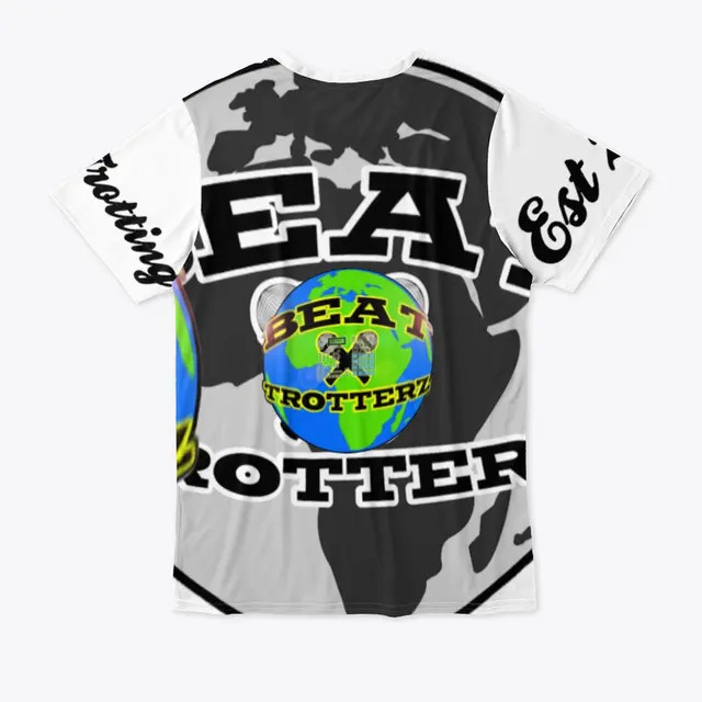 Beat Trotterz Apparel: All-Over Print Unisex T-shirt OG x ECO Beat Trotterz logos, white, back