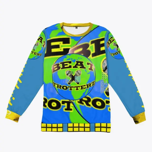Beat Trotterz Apparel: Unisex AllOverPrint Beat Trotterz EcoLogo Crewneck front, denim blue