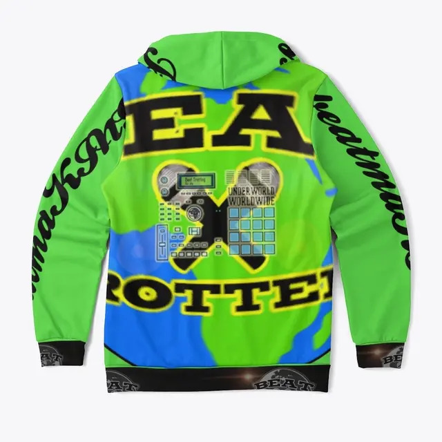 Beat Trotterz Apparel: Unisex All Over Print Hoodie ECO Logo, bright green, back