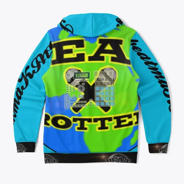Beat Trotterz Apparel: Unisex All Over Print Hoodie ECO Logo back, vivid blue